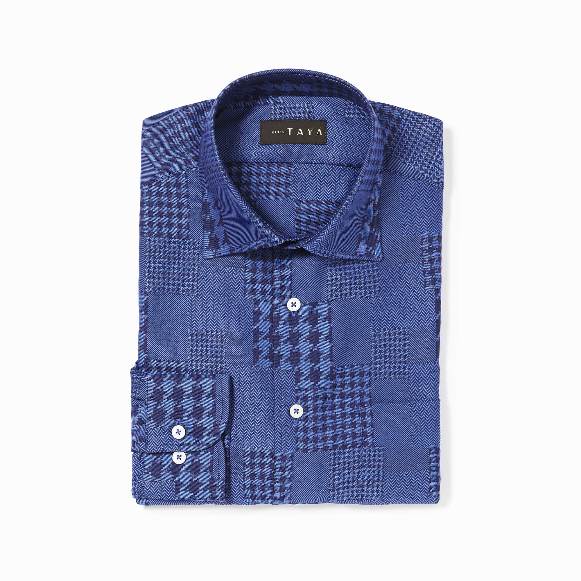 長袖　綿シャツ/千鳥パッチワーク