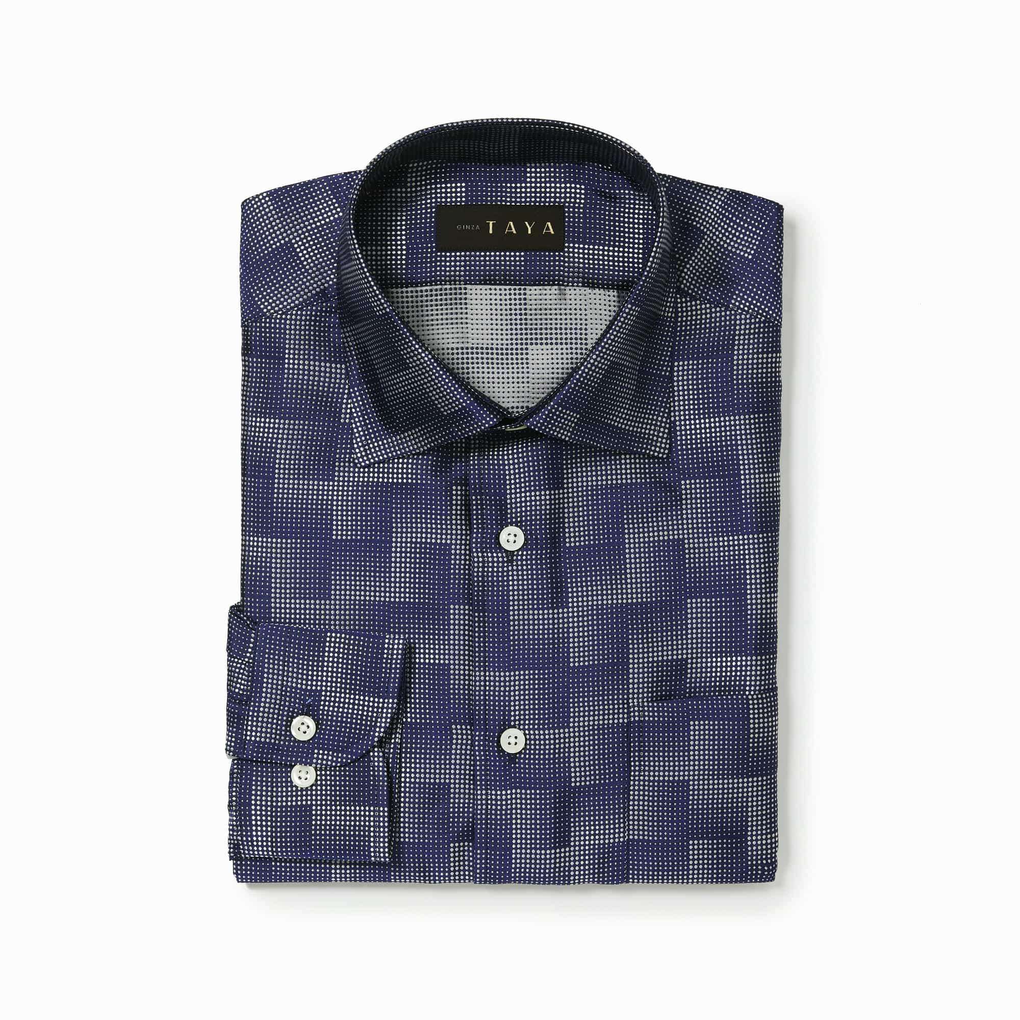 長袖　シルクシャツ/ドットブロック